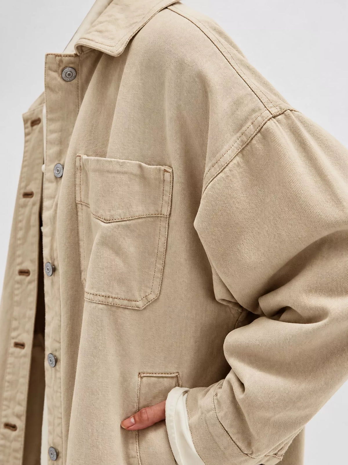 Off-White button up long sleeve denim jacket, detail view