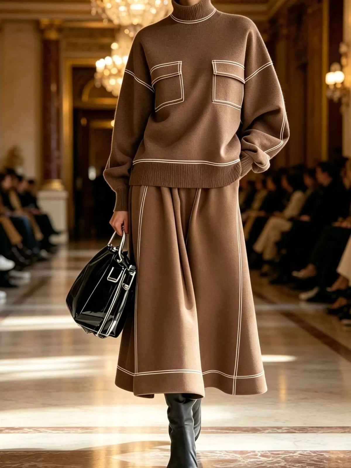 Sweater and skirt set, brown set front
