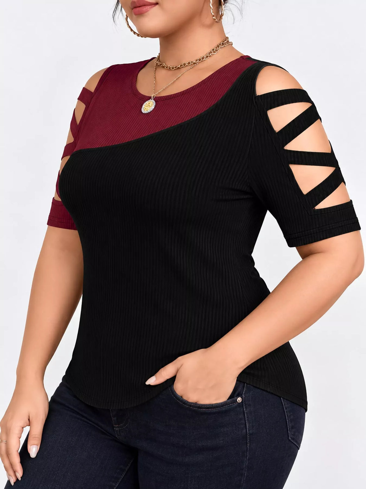 Colorblock cutout top, black and burgundy side