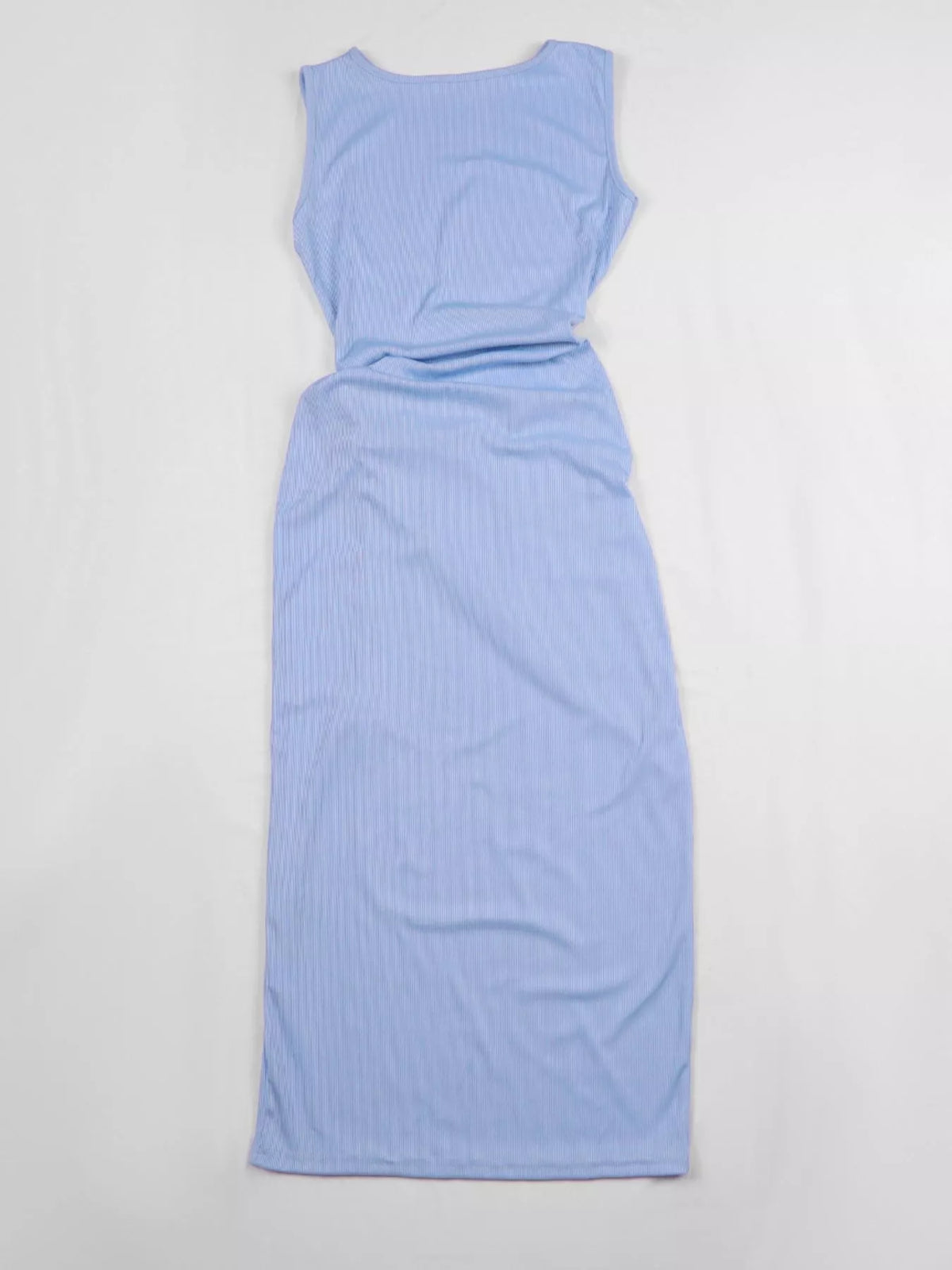 Women's Sleeveless Cut-Out Ruched High-Slit Bodycon Dress in light blue — flat lay view