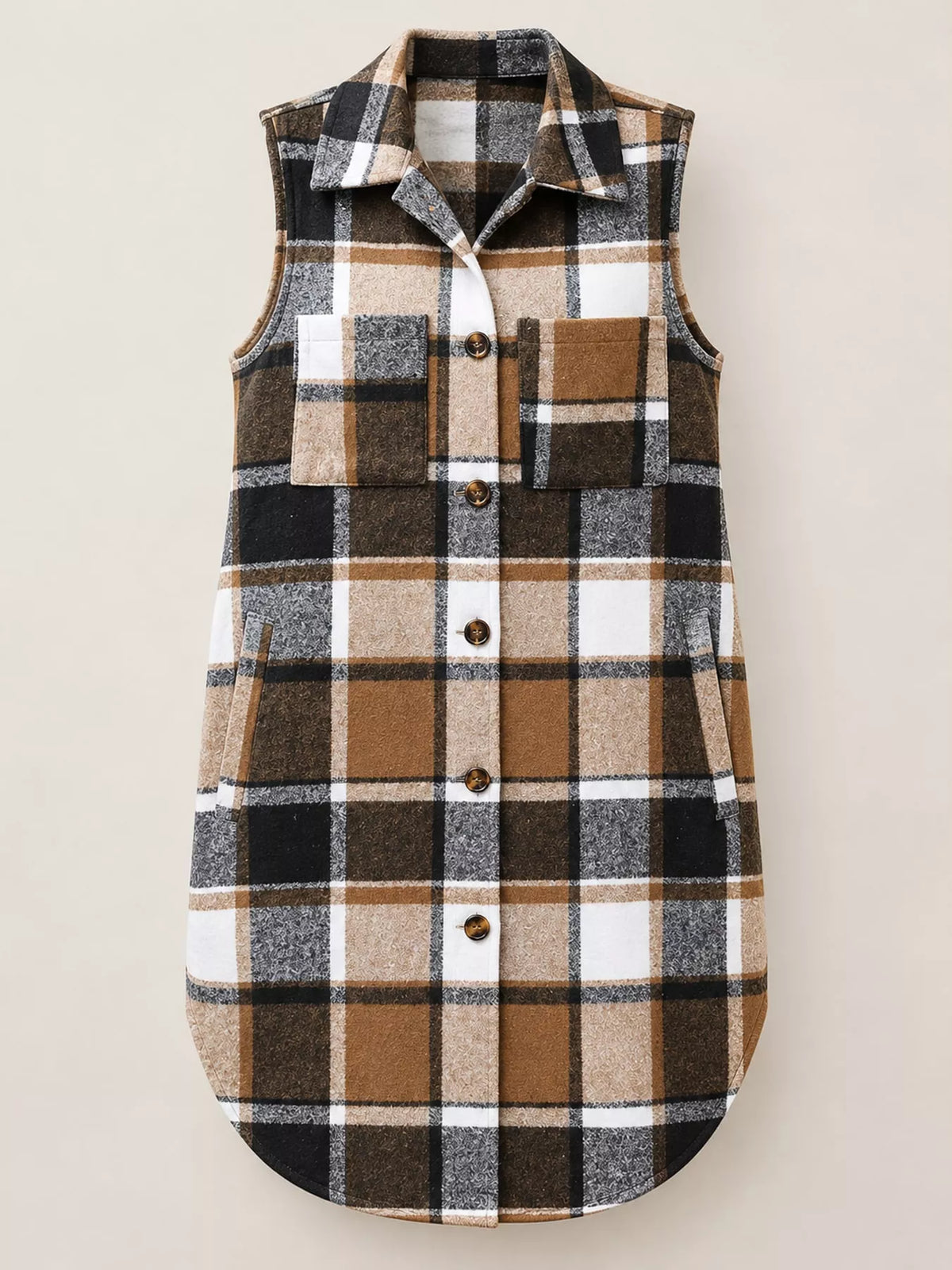 Longline Plaid Button-Down Vest Coat in brown, black and white