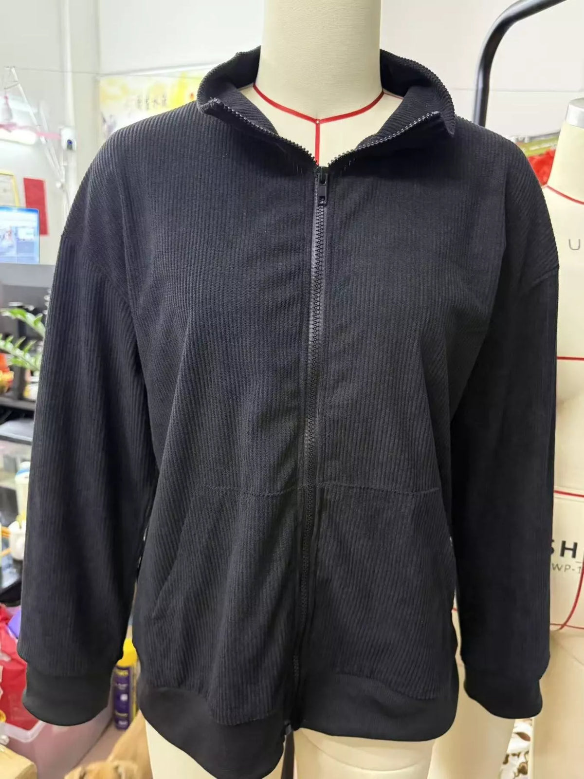 Corduroy Zip-Up Stand Collar Sweatshirt, front view