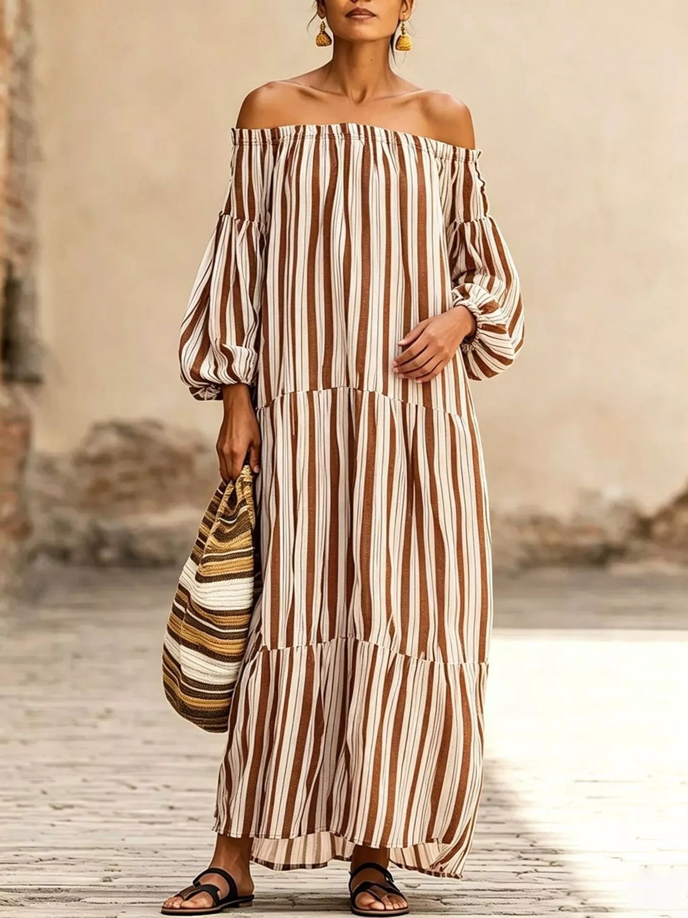Trendsi Off-Shoulder Striped Maxi Dress -