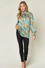 Trendsi Double Take Full Size Printed Smocked Long Sleeve Blouse -