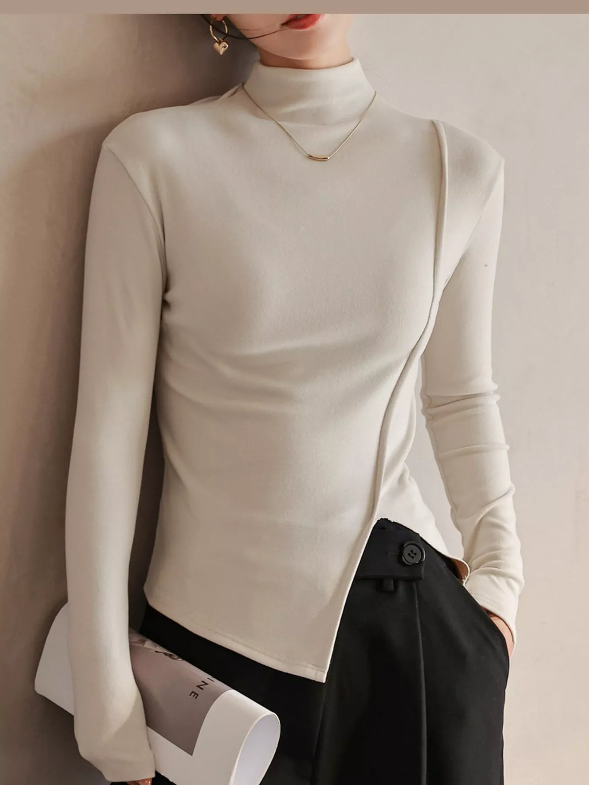 Beige Apricot mock neck long sleeve t-shirt