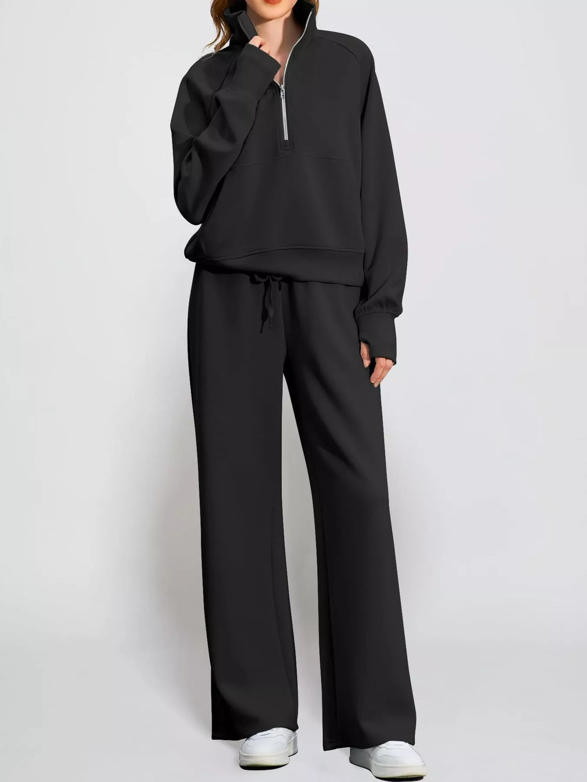 Half-zip top and pants set, black relaxed front