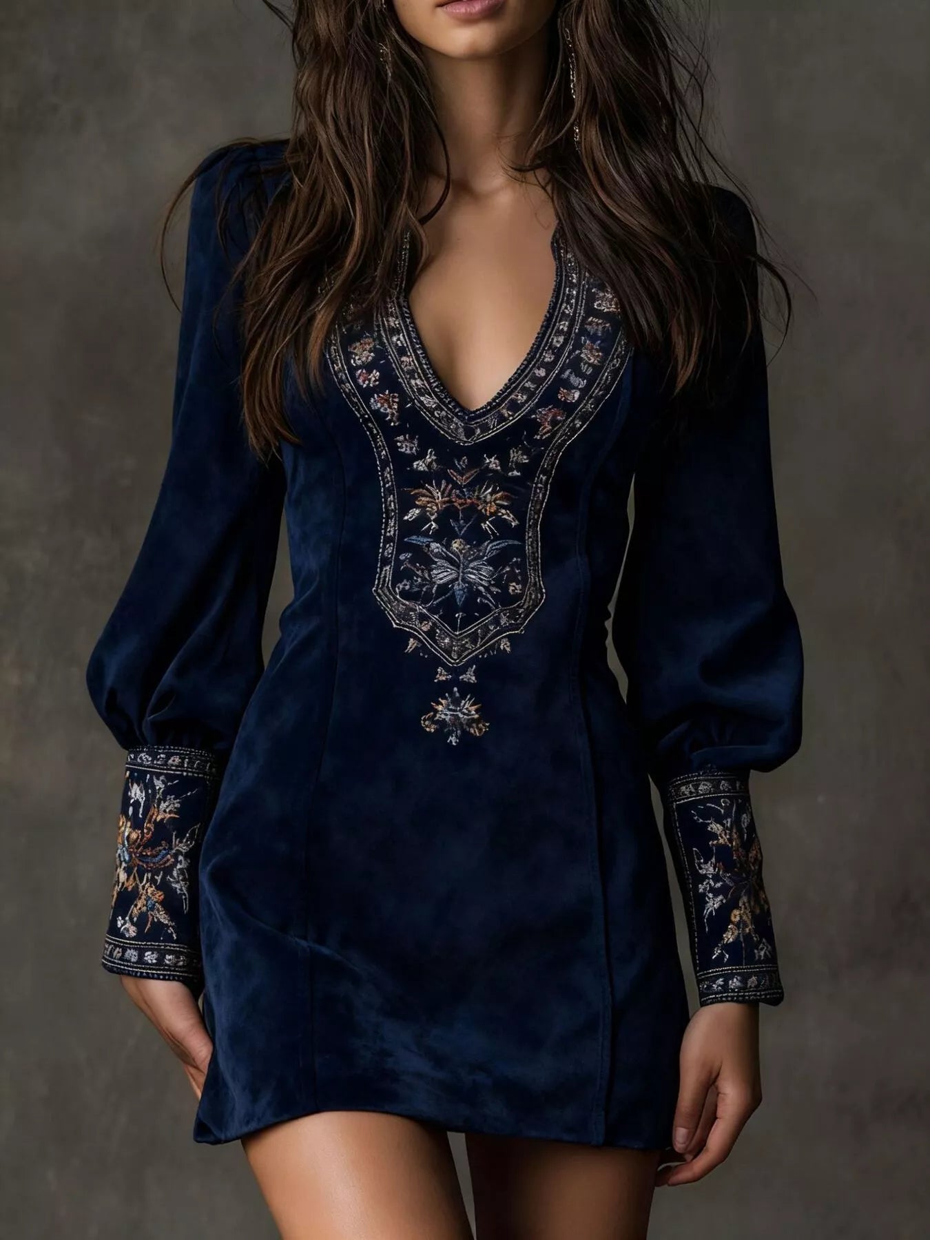 Trendsi Embroidered Lantern Sleeve Mini Dress -
