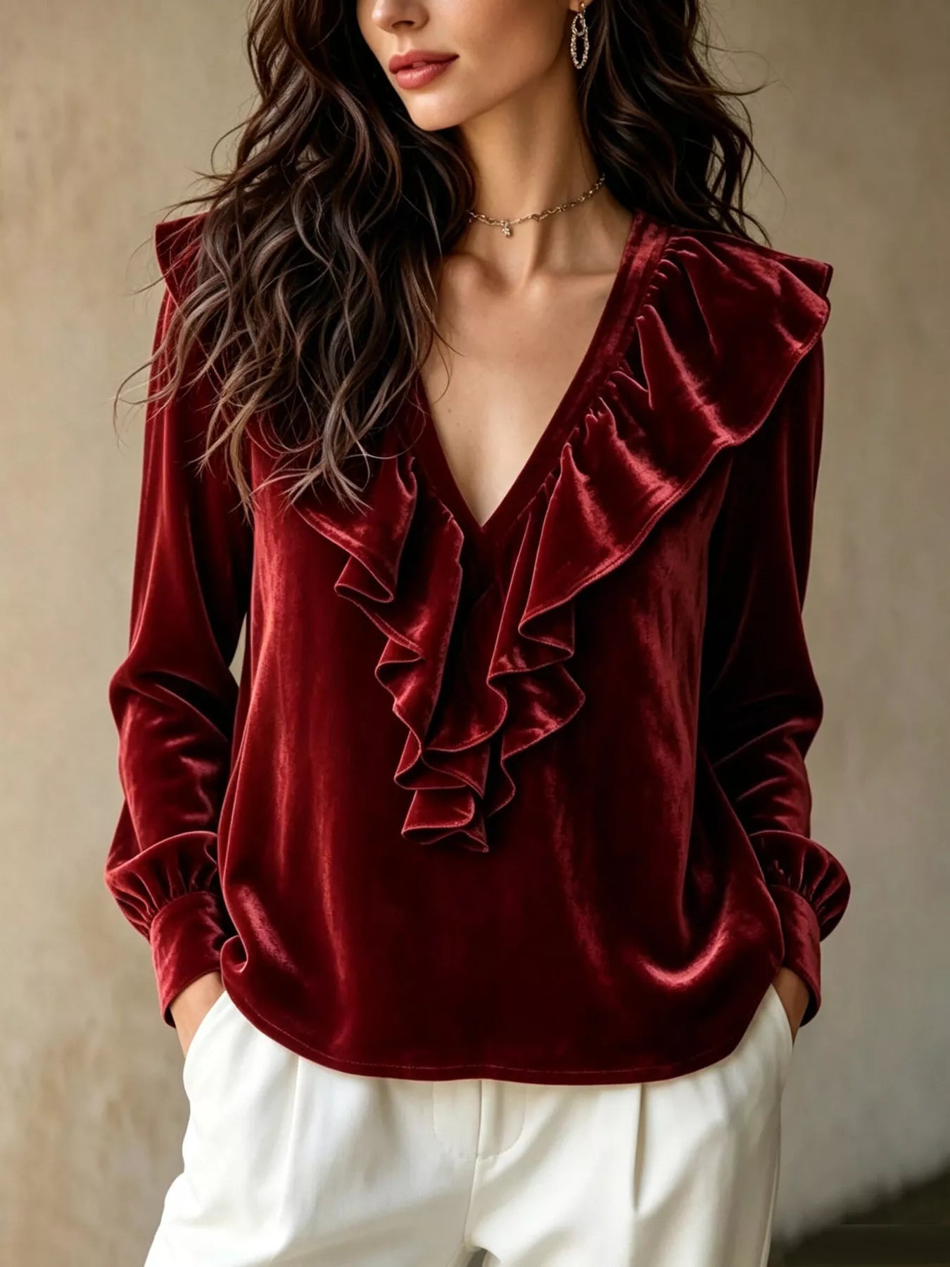 Trendsi Ruffled V-Neck Long Sleeve Blouse -