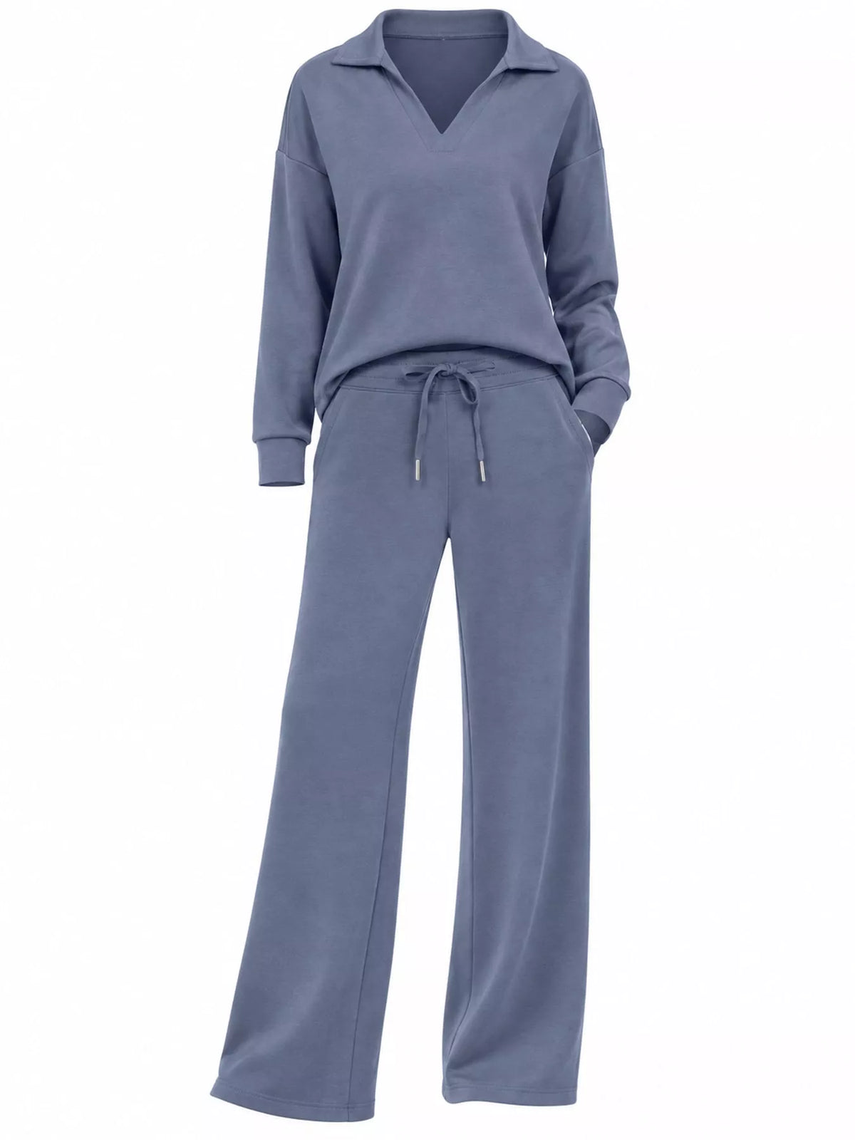 Top and drawstring pants set, slate front pockets