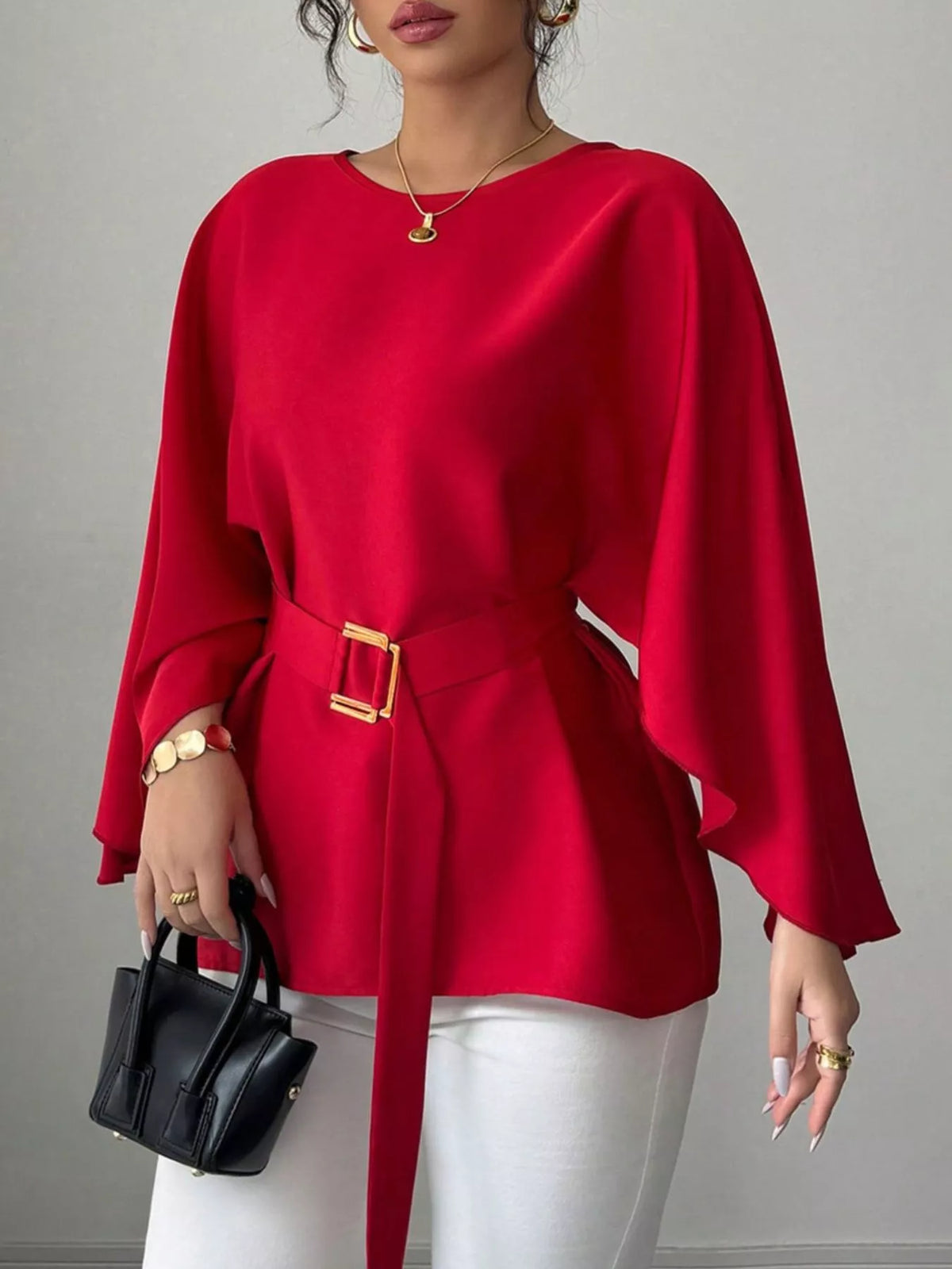 Round-neck belt batwing-sleeve blouse
