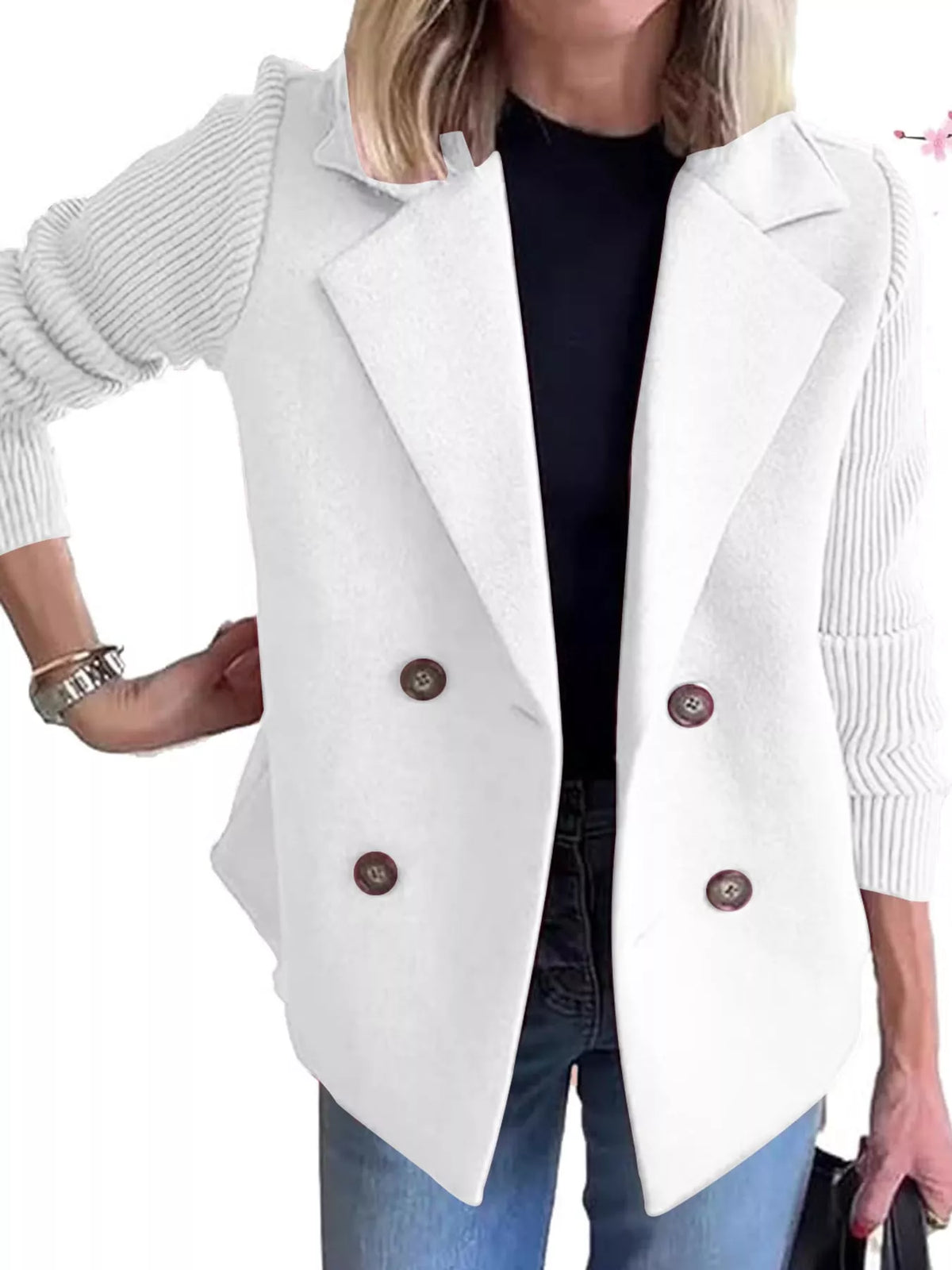 White double-breasted blazer with ribbed knit sleeves