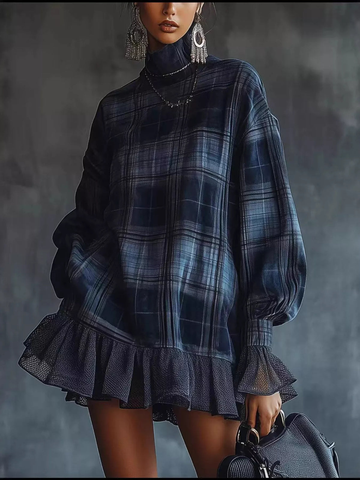 Navy plaid high-neck ruffle-hem mini dress