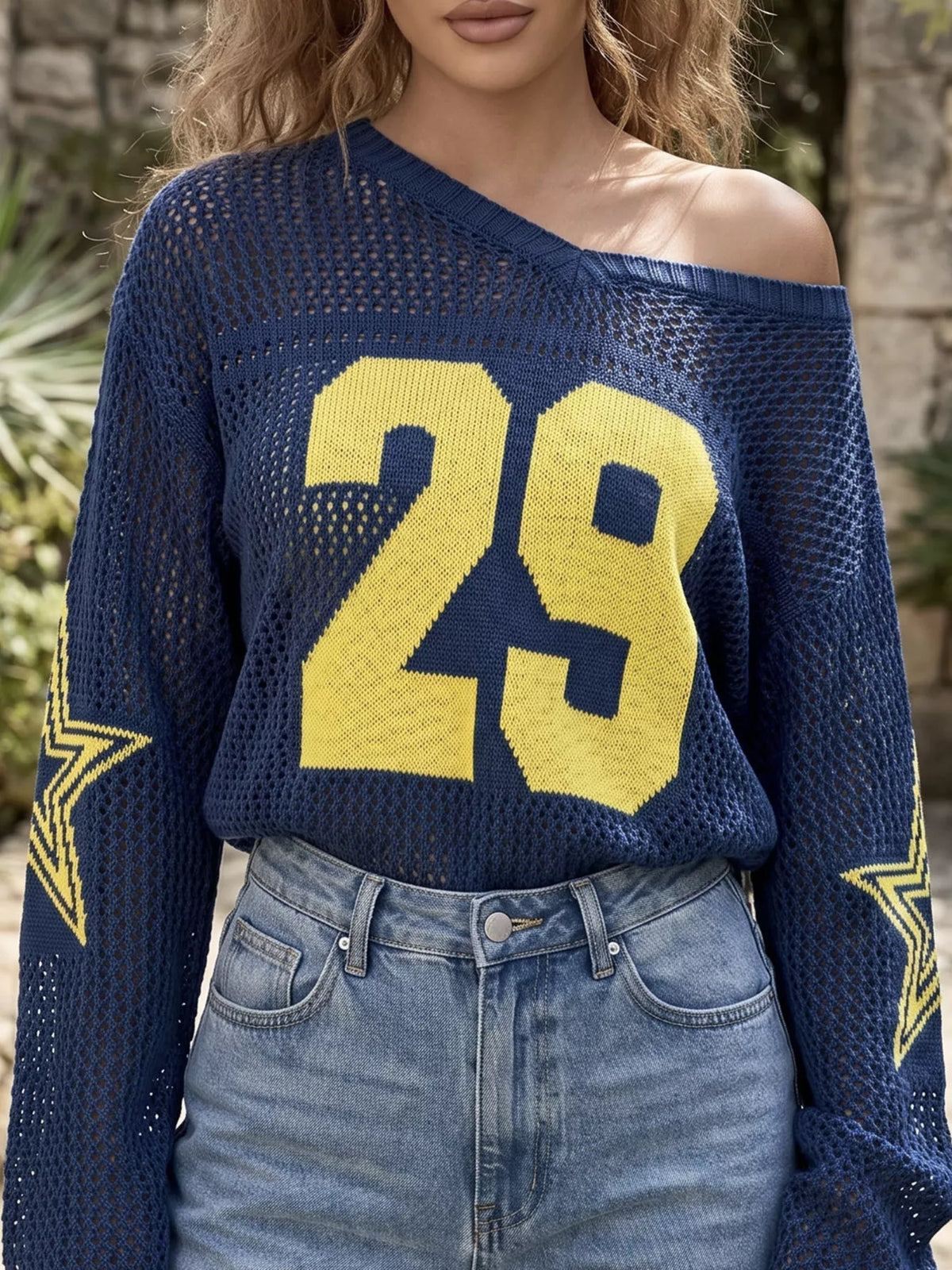 Women's Number 29 Openwork Knit Jersey Sweater in Dark Navy, back view