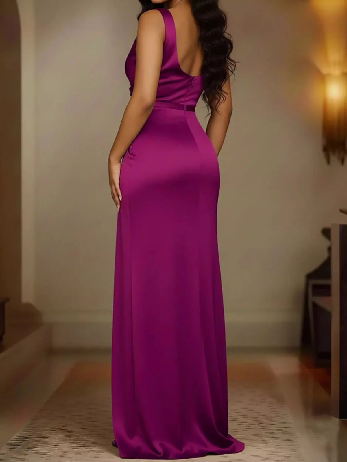 Purple satin cowl neck high slit maxi dress, back view