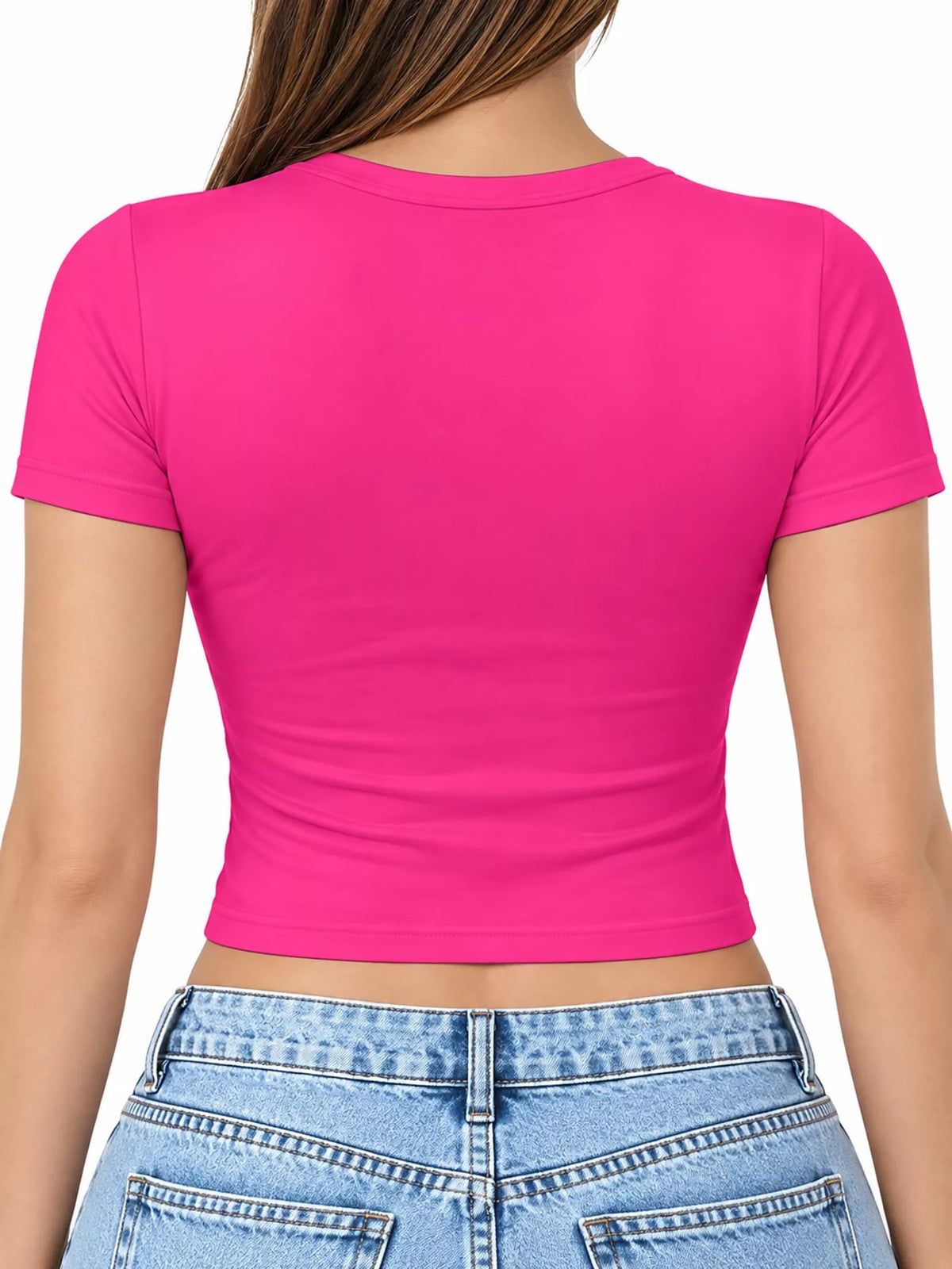 Hot pink crew neck crop T-shirt, back view