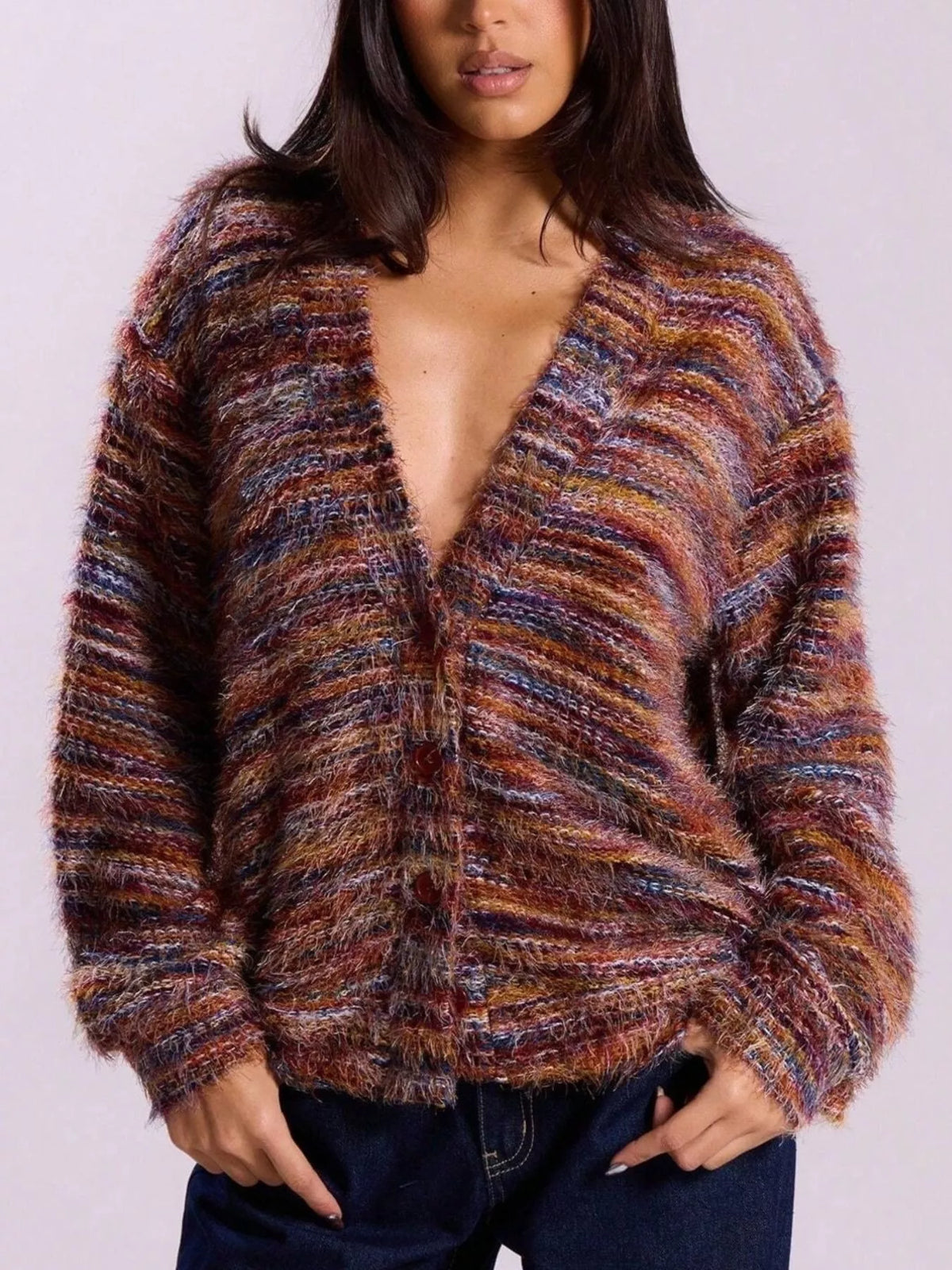 Fuzzy Knit V-Neck Button-Down Cardigan — front view