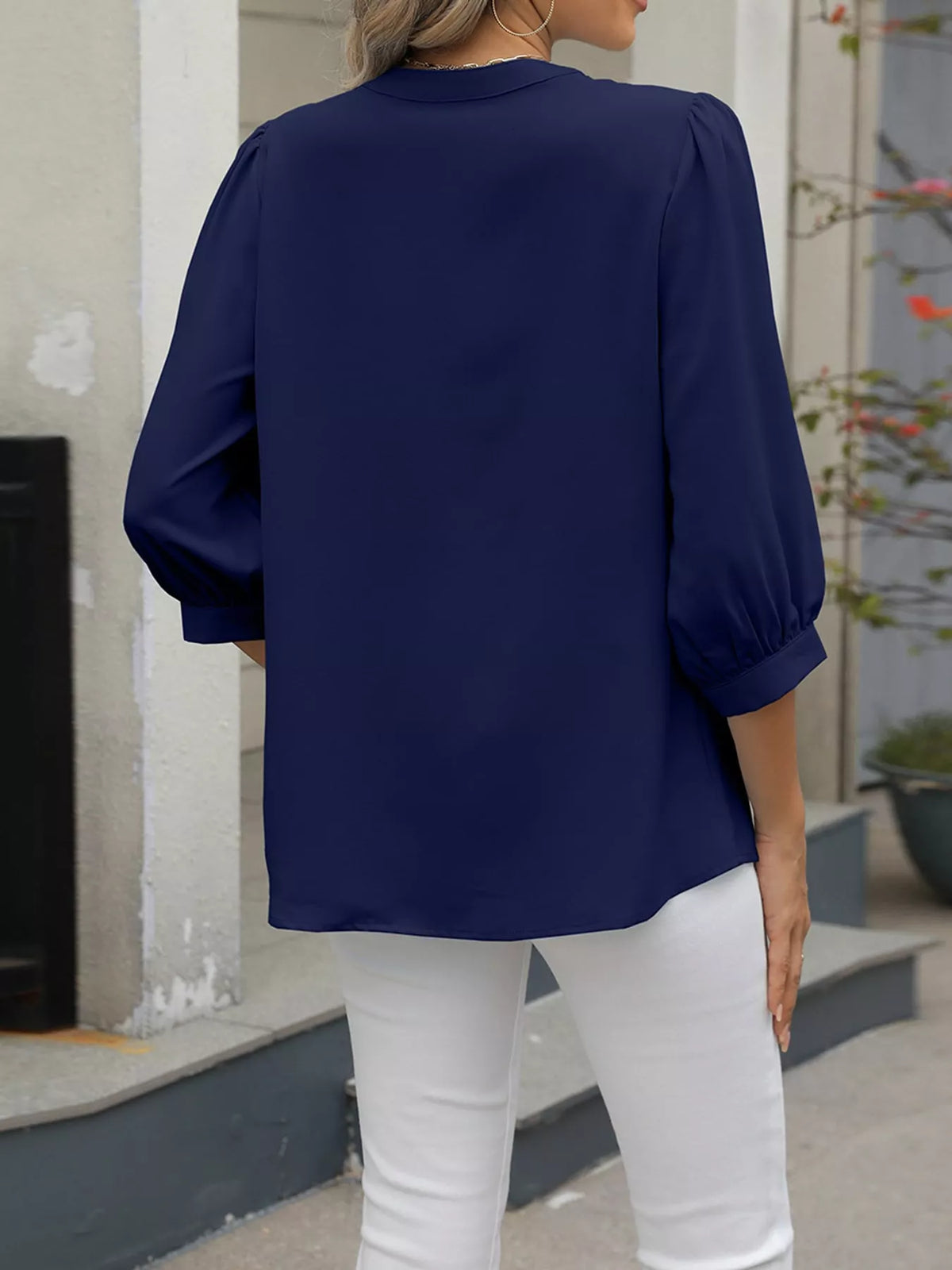 V-Neck Metal Buckle Detail Blouse, back view in navy blue
