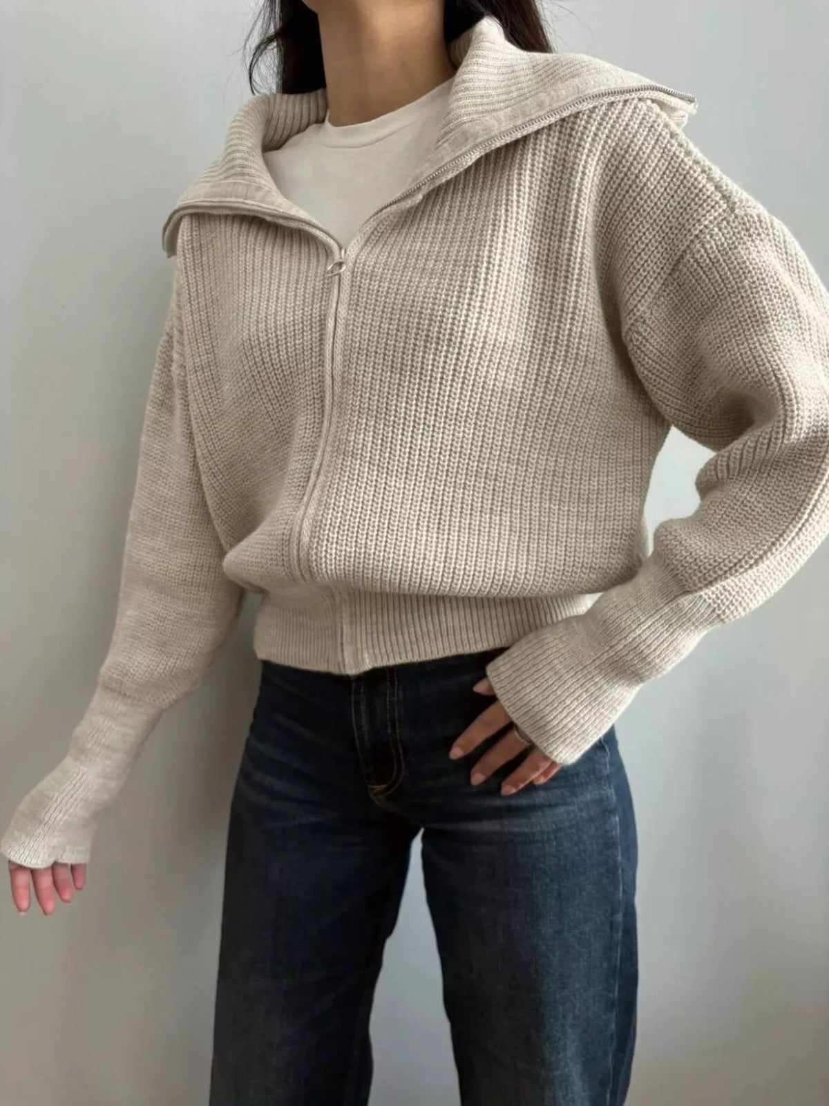 Trendsi Zip Up Dropped Shoulder Cardigan -