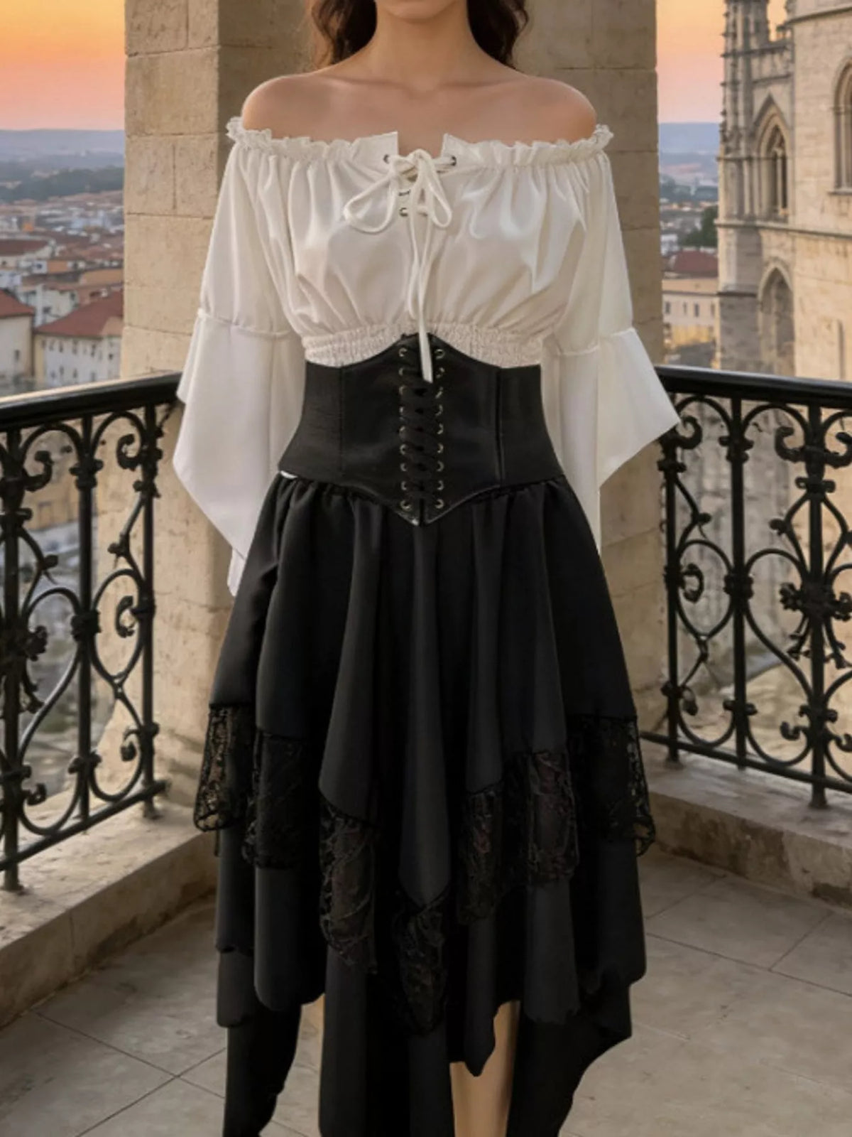 Black skirt and white top off-shoulder top, waist band and skirt set — front view