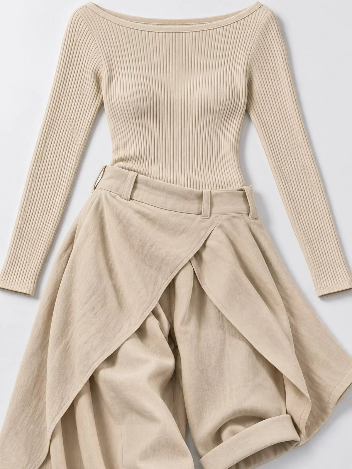 Beige boat neck long sleeve top and wrap pants set — front view