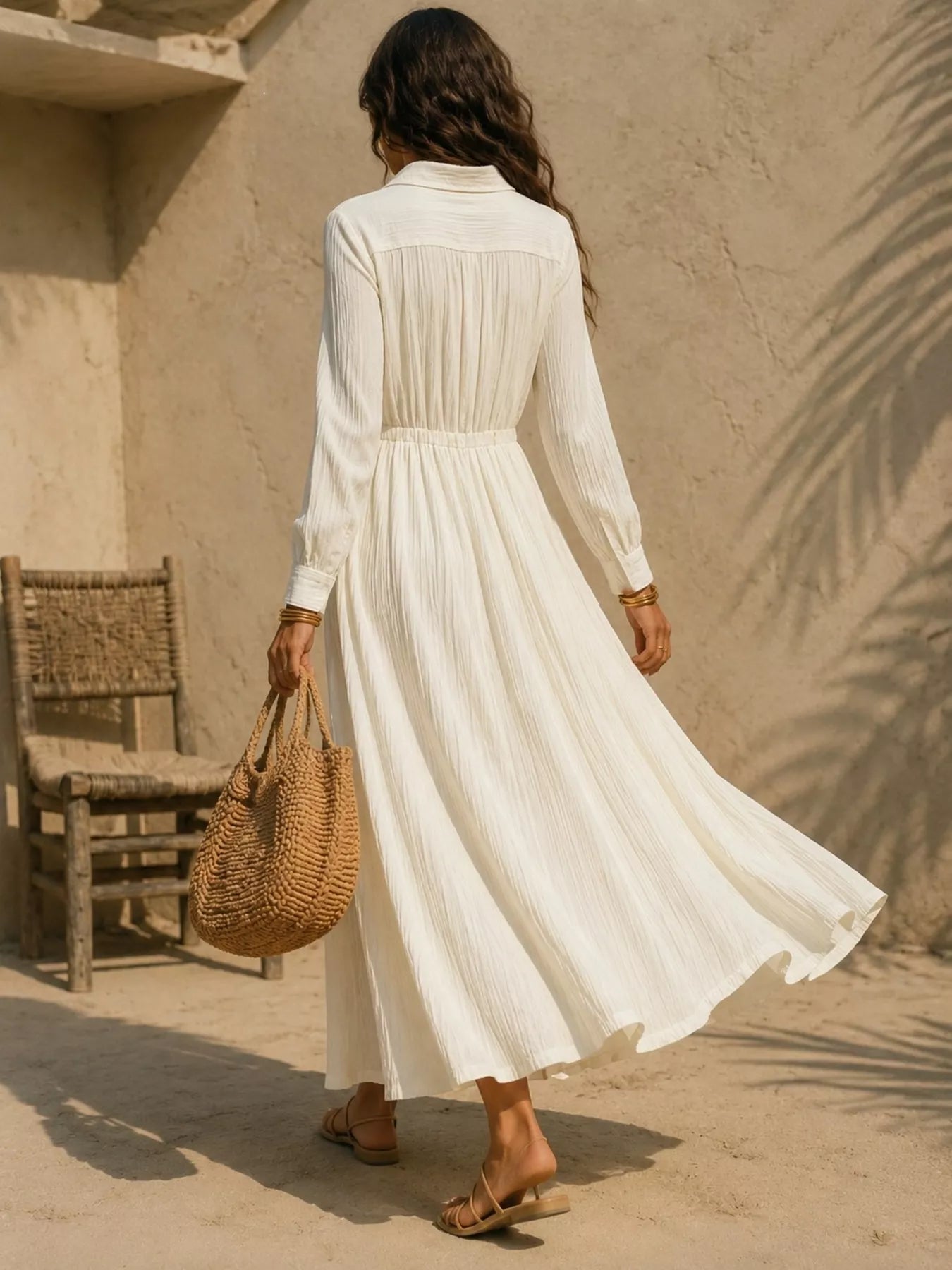 Trendsi Full Size Textured Button Front Long Sleeve Maxi Dress Plus Size -