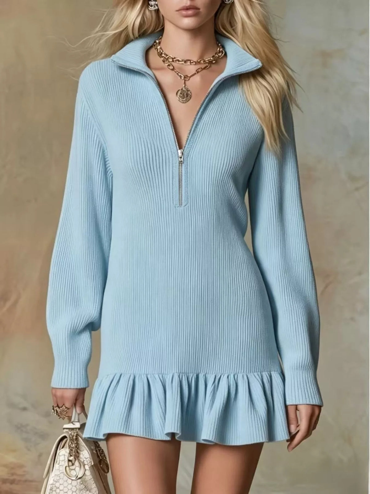 Light blue half-zip ruffle-hem dress, front view