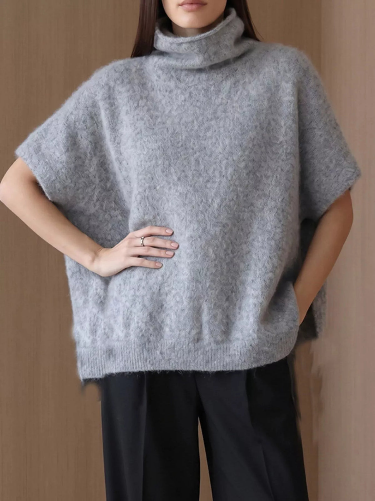 Fuzzy short-sleeve turtleneck sweater in gray, hand-on-hip view