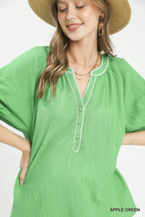Trendsi Umgee Textured Split Neck Puff Sleeve Top -