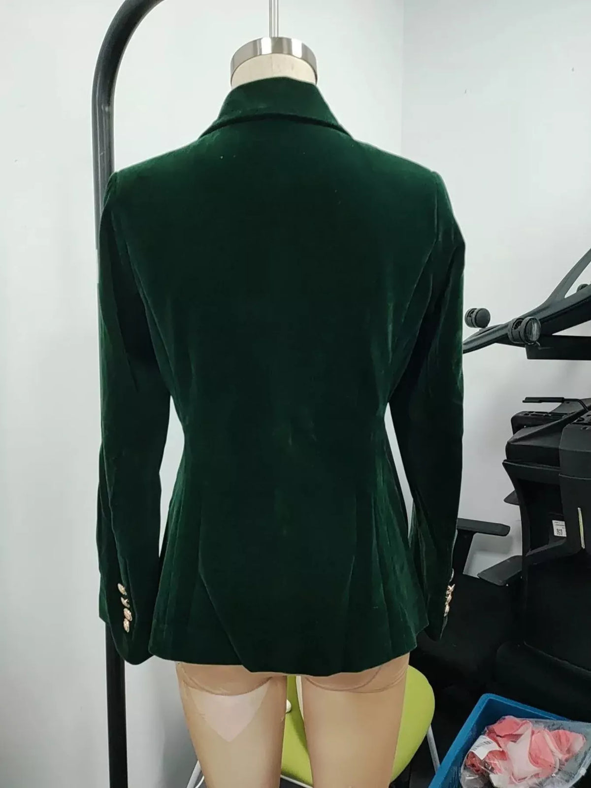 Dark Green velvet single-button blazer, back view