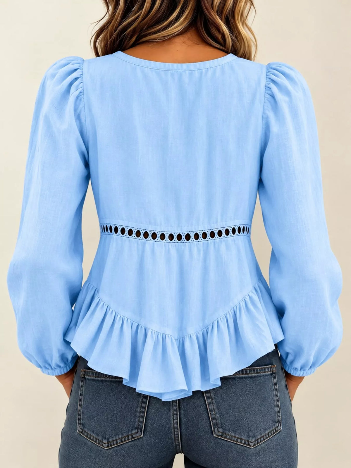 Women's Long Sleeve Blouse with Eyelet Lace Trim and Ruffled Hem in light blue — back view