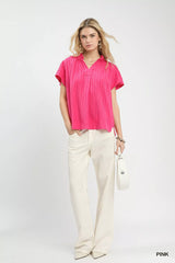 Trendsi Umgee Texture Flutter Sleeve Notched Blouse -