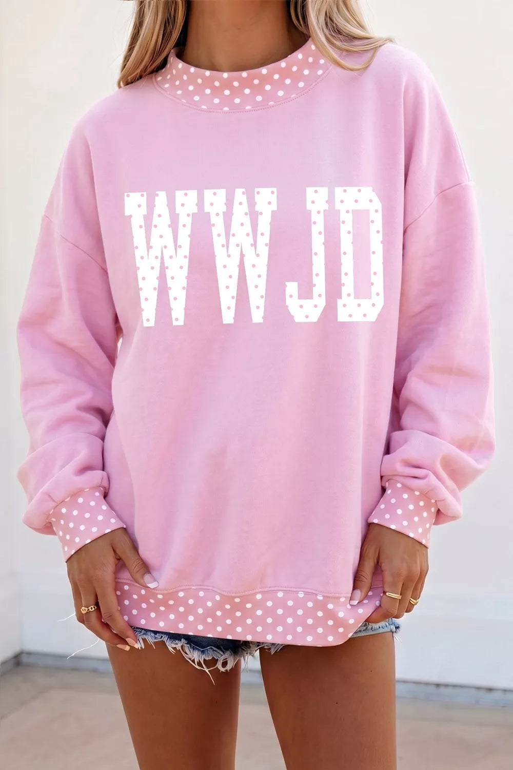 Trendsi Polka Dot Letter Print Mock Neck Pullover Sweatshirt -