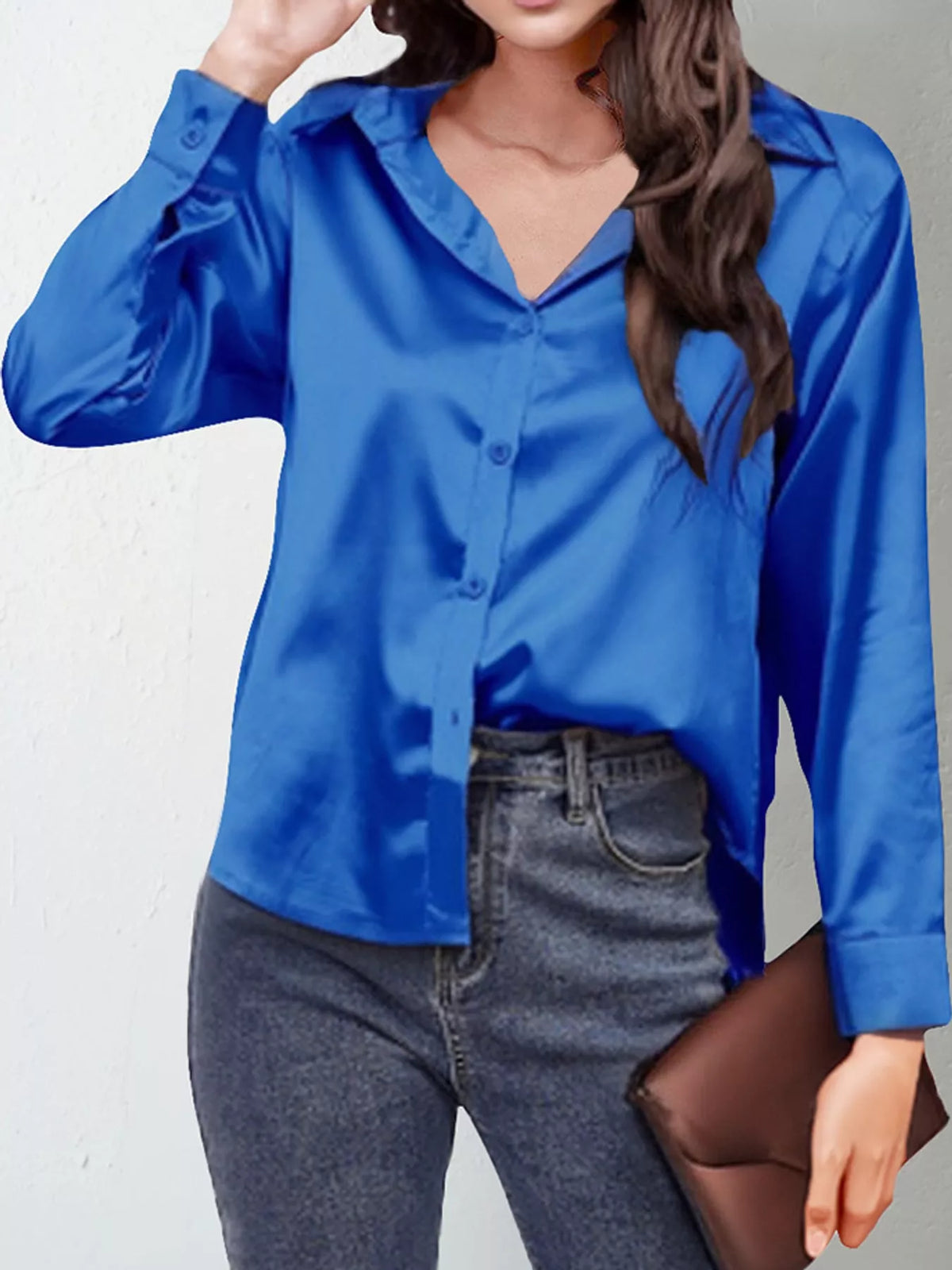Royal Blue satin button-down long sleeve shirt