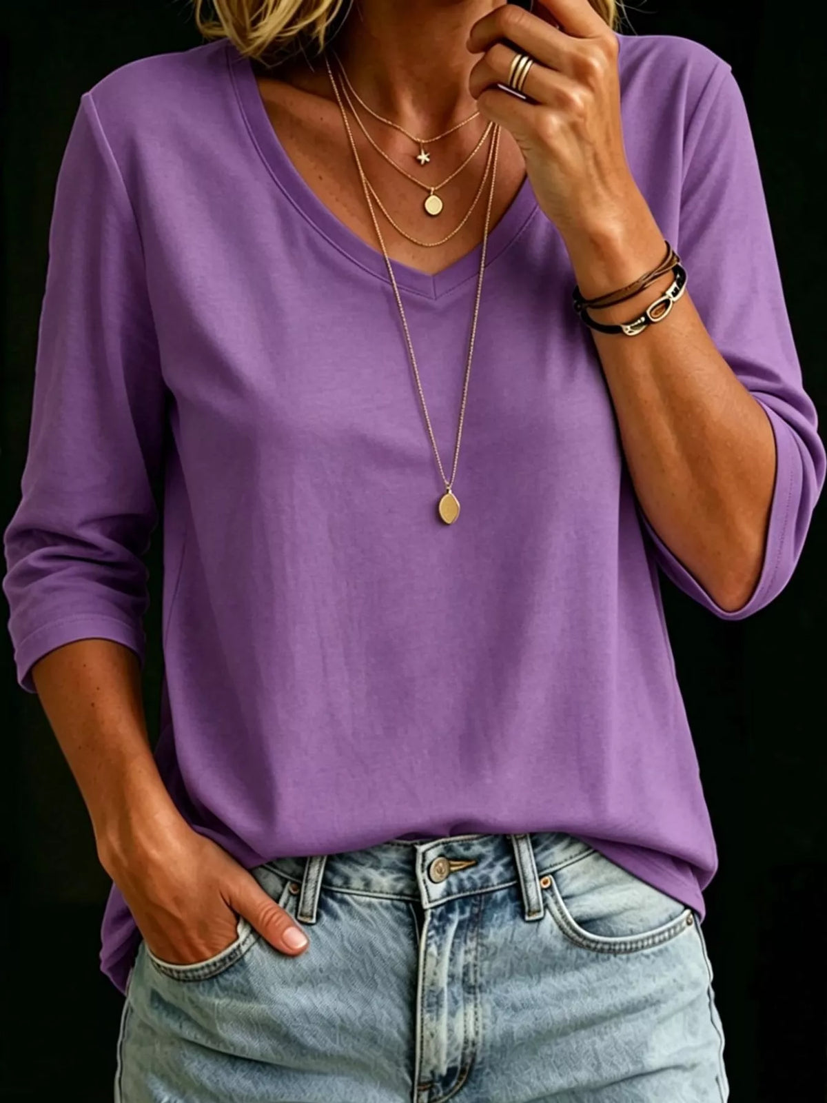 Purple V-neck half sleeve T-shirt