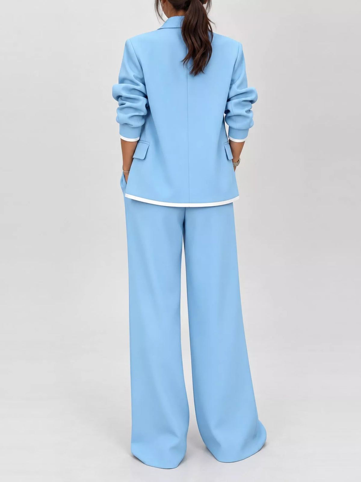 Sky Blue contrast-trim blazer and wide-leg pants set, back view