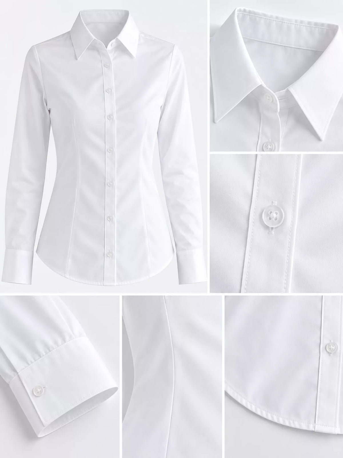 White button-down shirt, long-sleeve shirt collar, buttons, cuff, and hem