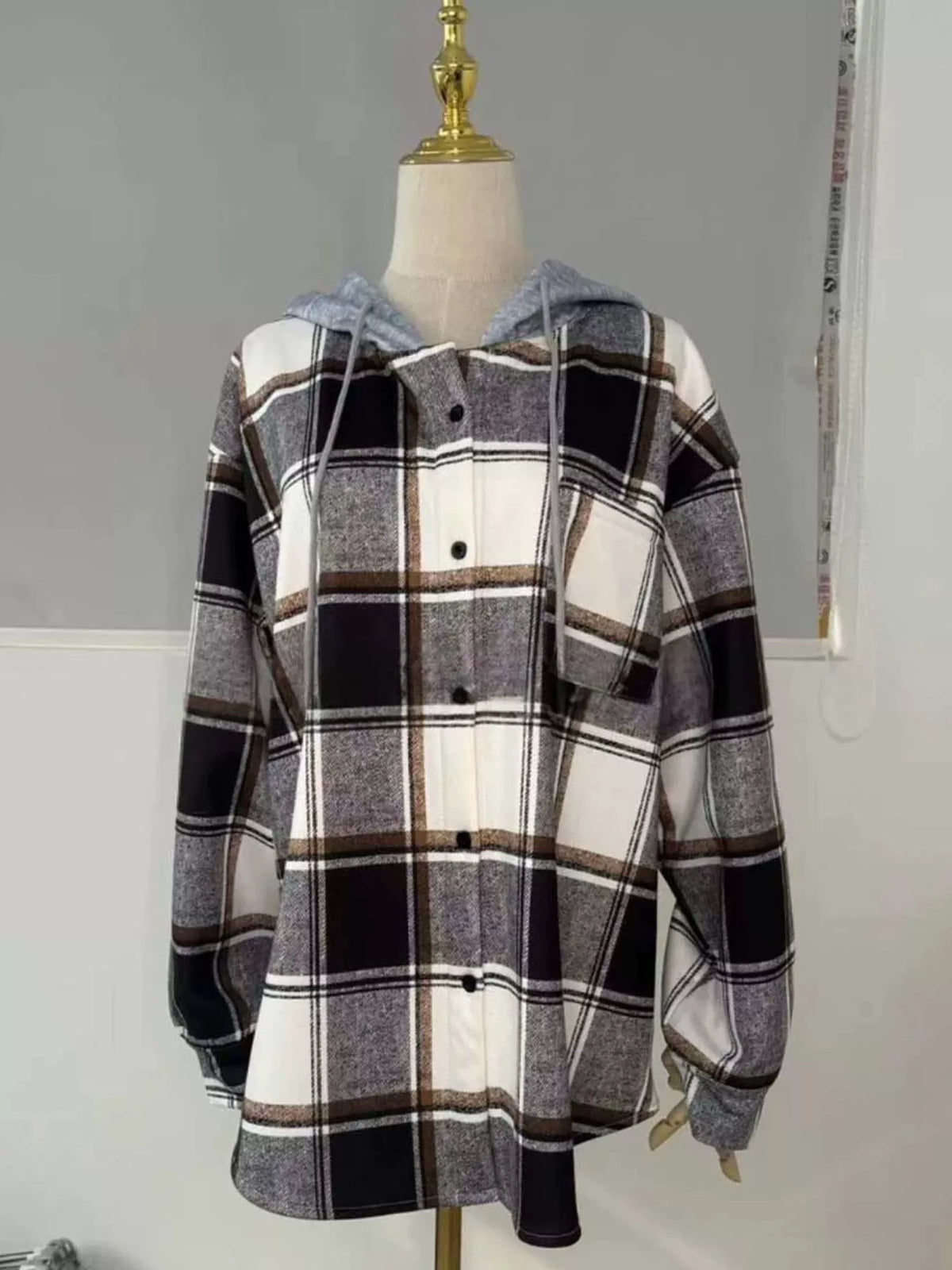 Button-Down Printed Contrast Hooded Shacket — garment front