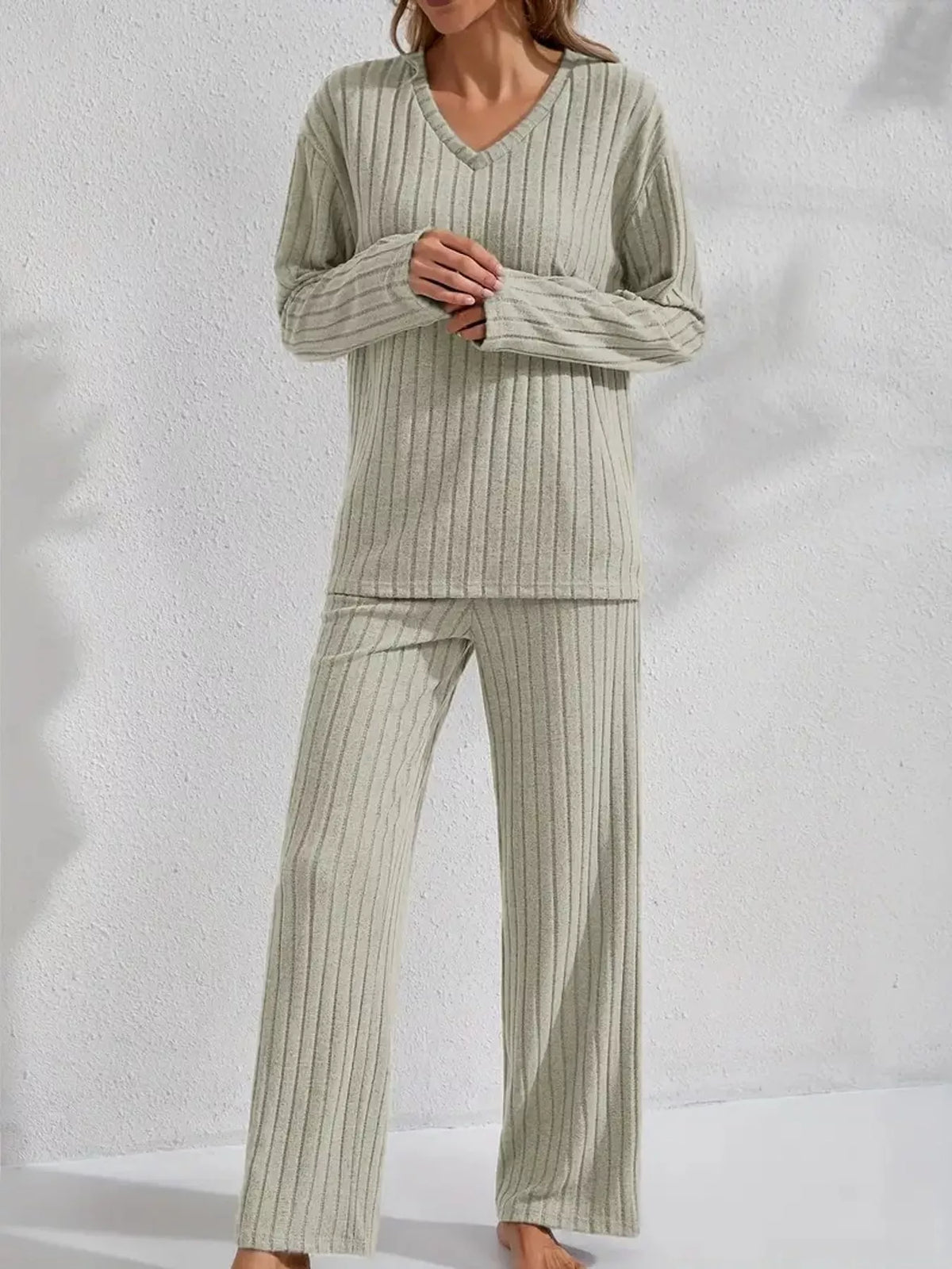 Ribbed Knit V-Neck Top and Pants Lounge Set in matcha