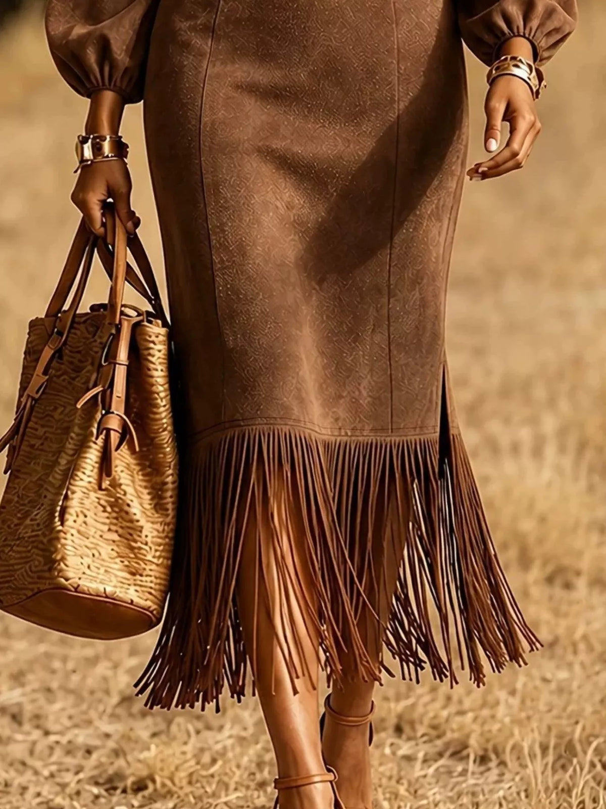 Brown fringe hem balloon sleeve midi dress, skirt panel seams, side slit, and fringe