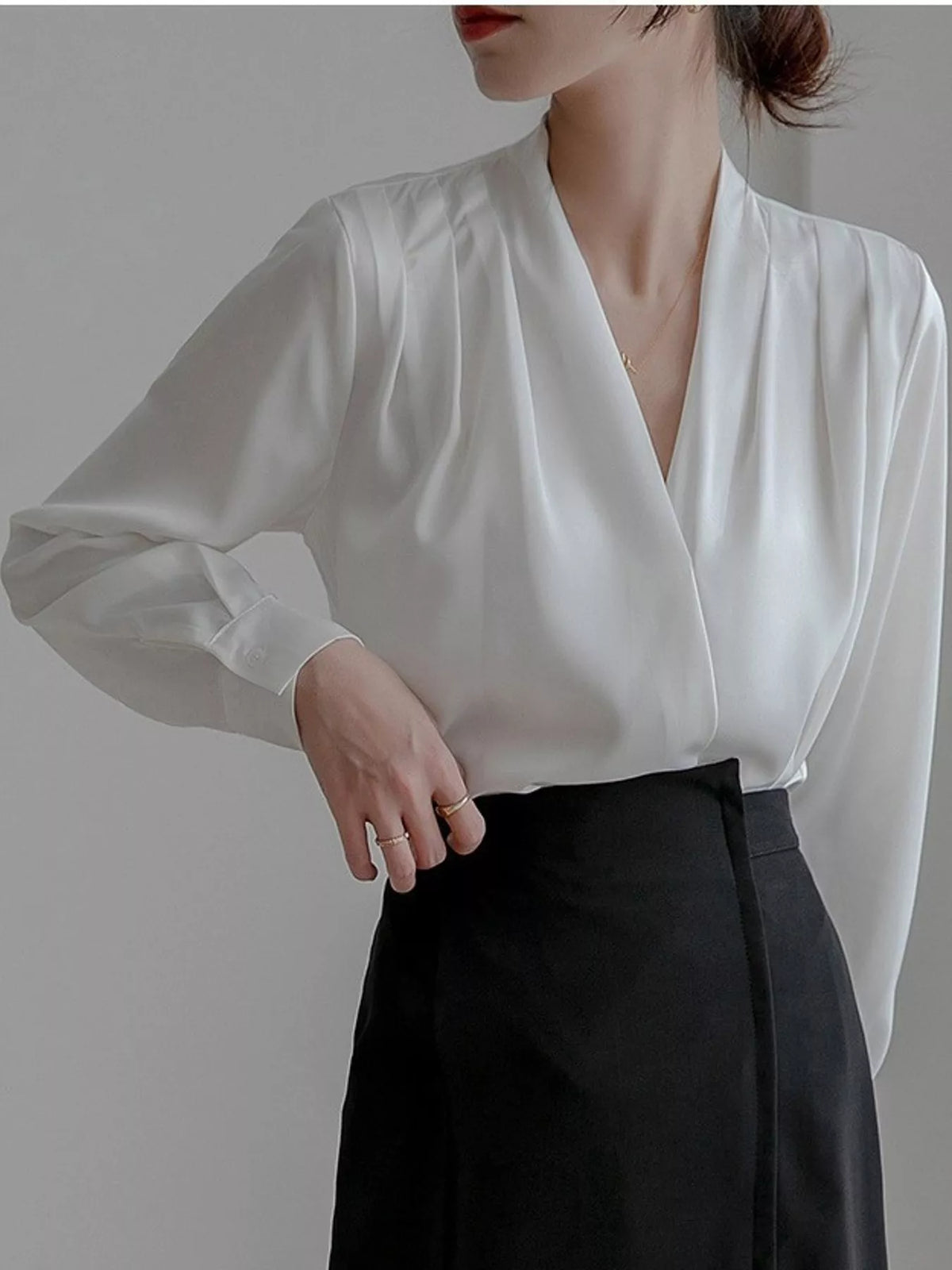Women's V-Neck Pleated Shoulder Satin Blouse in white — side view