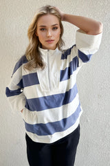 Trendsi Oh Pima Cotton Wash Striped Half Zip Mock Neck Long Sleeve Top -