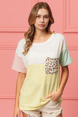 Trendsi BiBi Leopard Front Pocket Ft Color Block Crew Neck Top - Shirts