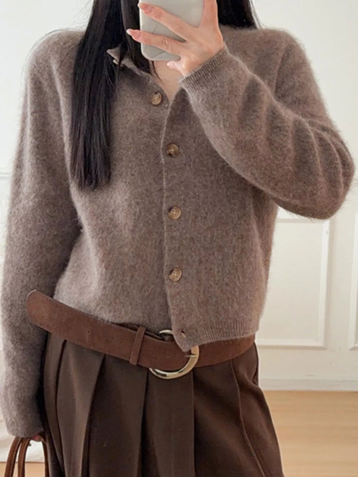 Coffee fuzzy button up cropped cardigan