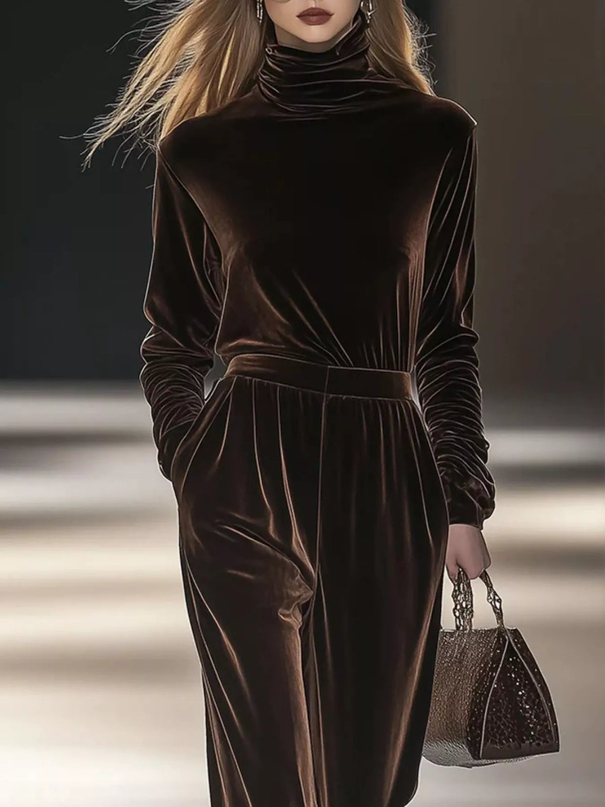 Women's Velvet Turtleneck Long-Sleeve Top & Wide-Leg Pants Set — alternate view