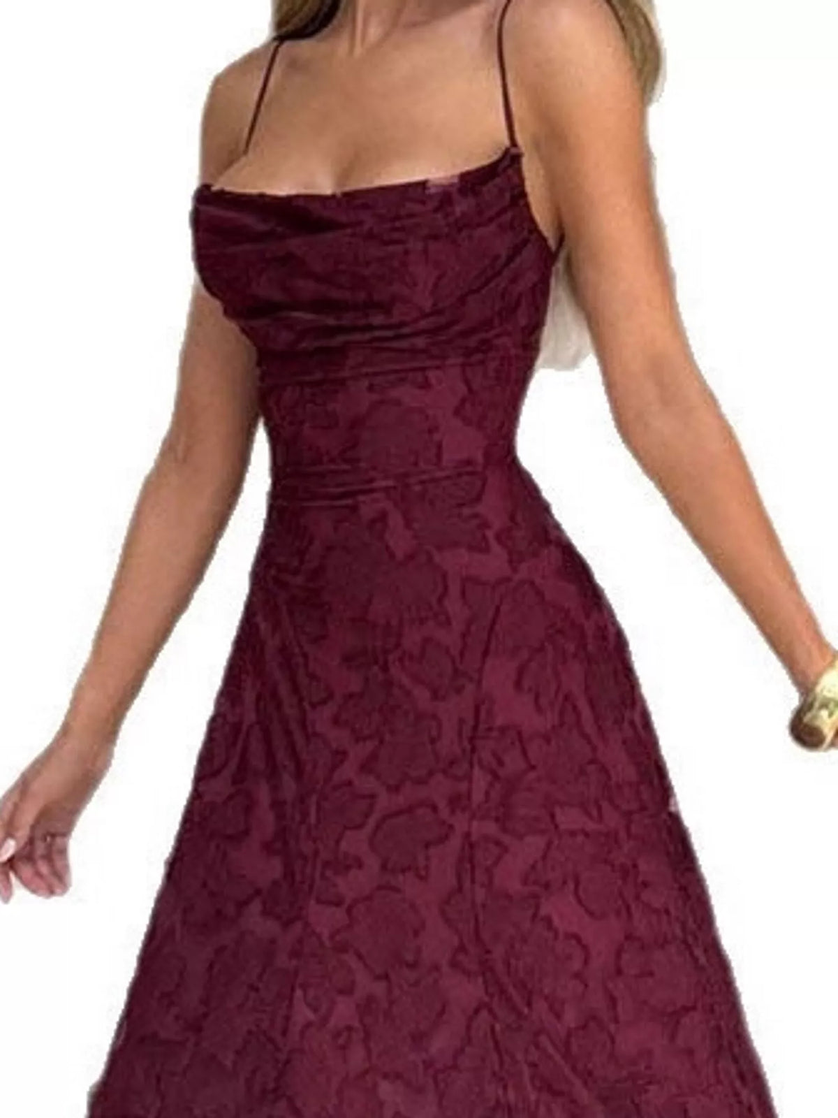 Burgundy backless lace maxi dress, detail view
