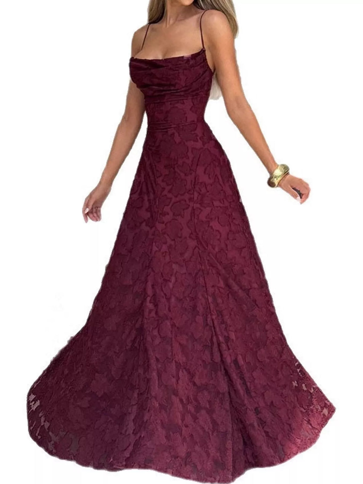 Burgundy backless lace maxi dress, front view