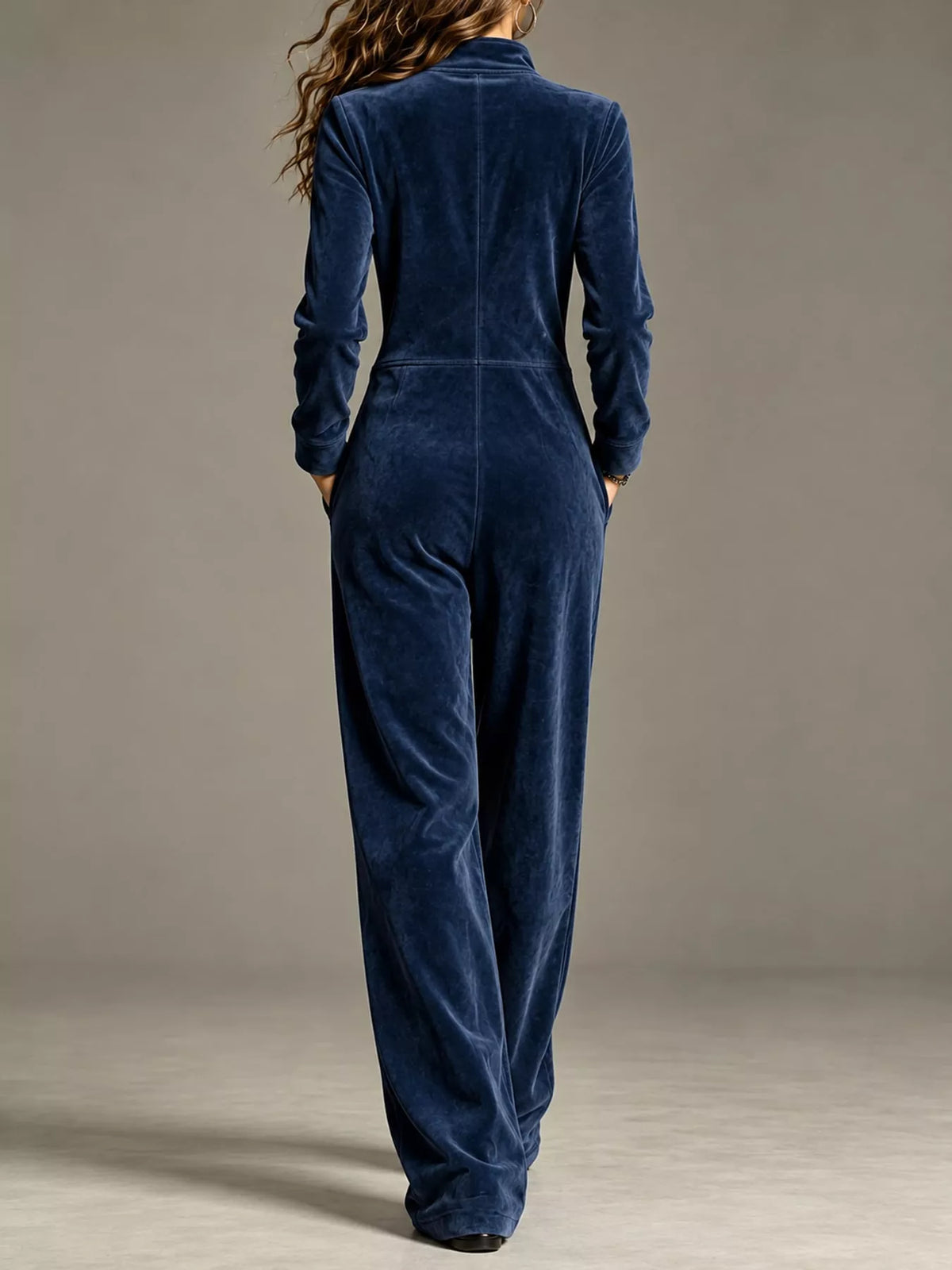 Velour Zip-Up Jumpsuit with Pockets, back view