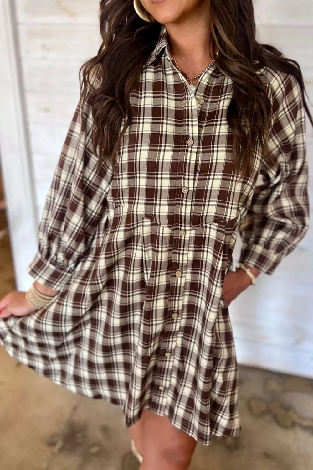 Trendsi Plaid Long Sleeve Short Shift Mini Dress -