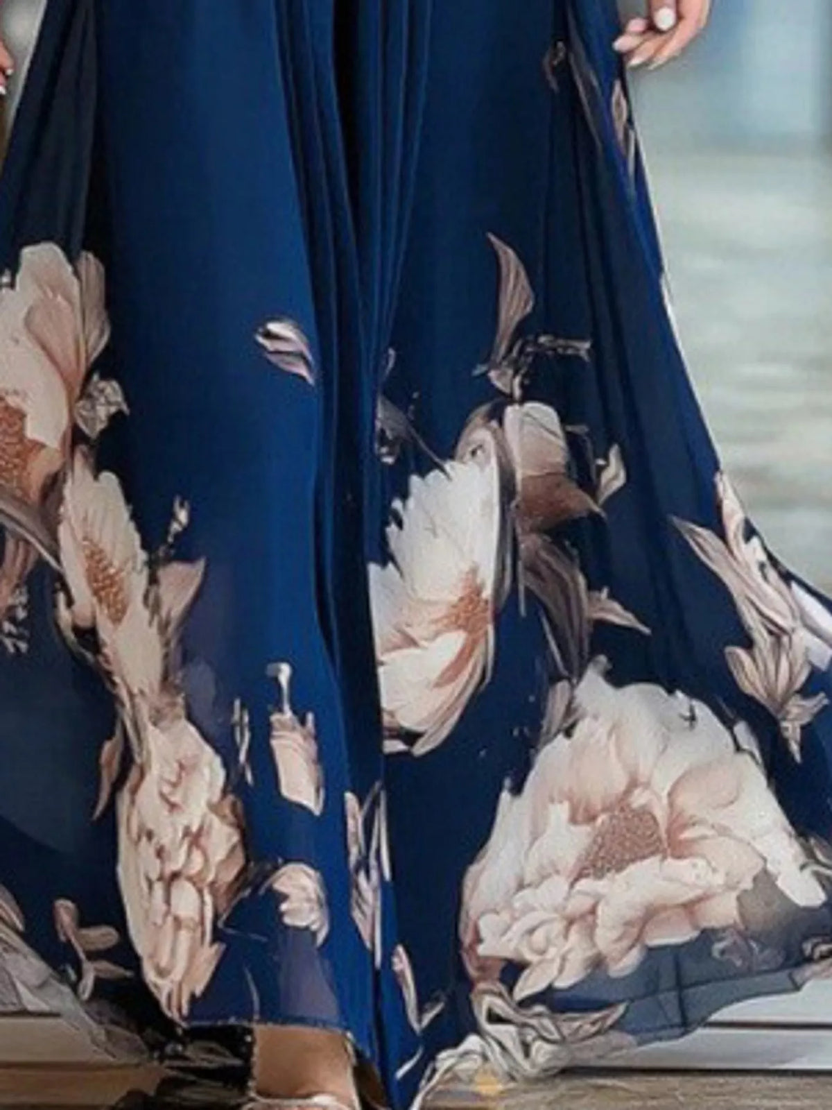 Navy floral v neck maxi dress, detail view