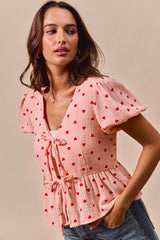 Trendsi SO ME All Over Heart Ribbon Tie Baby Doll Valentine Blouse -